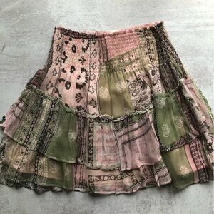 Ramy Brook Parker Silk Bohemian Print Tiered Mini Skirt Green Pink Small